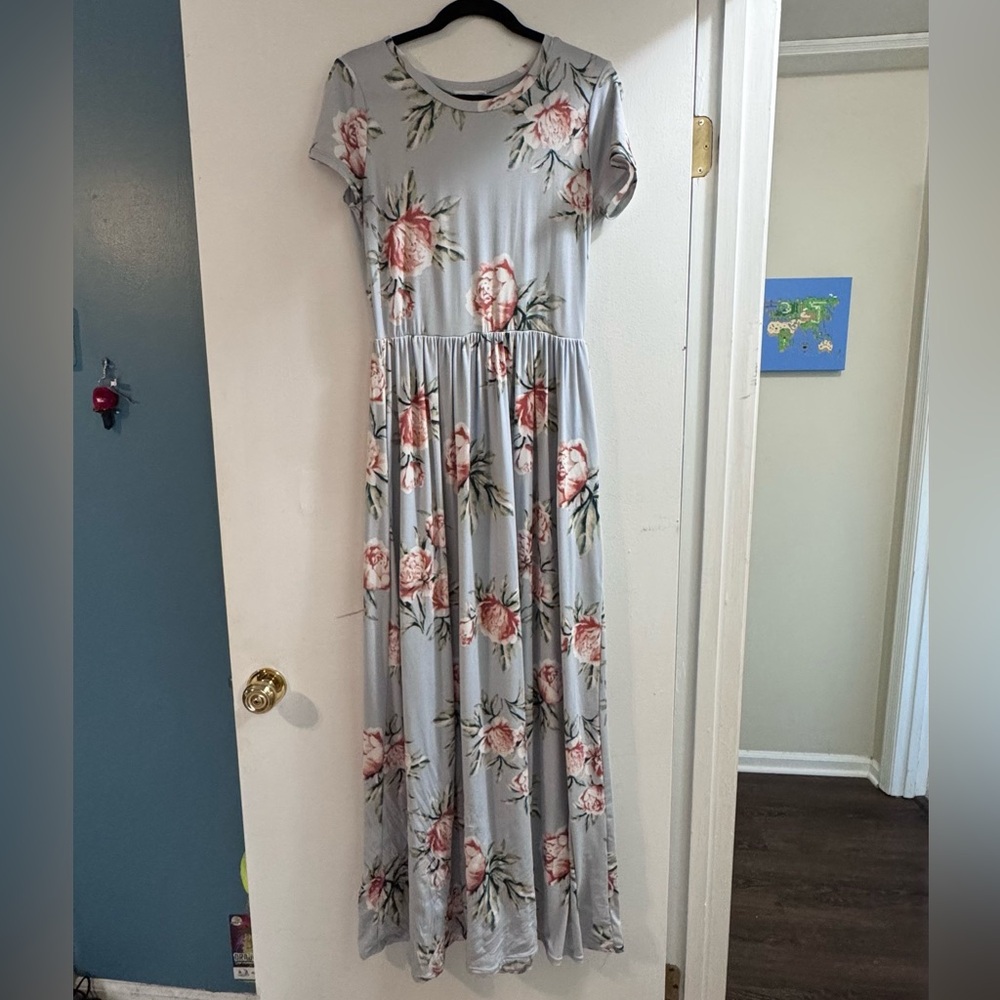 Floral Blue Maxi Dress with Pockets